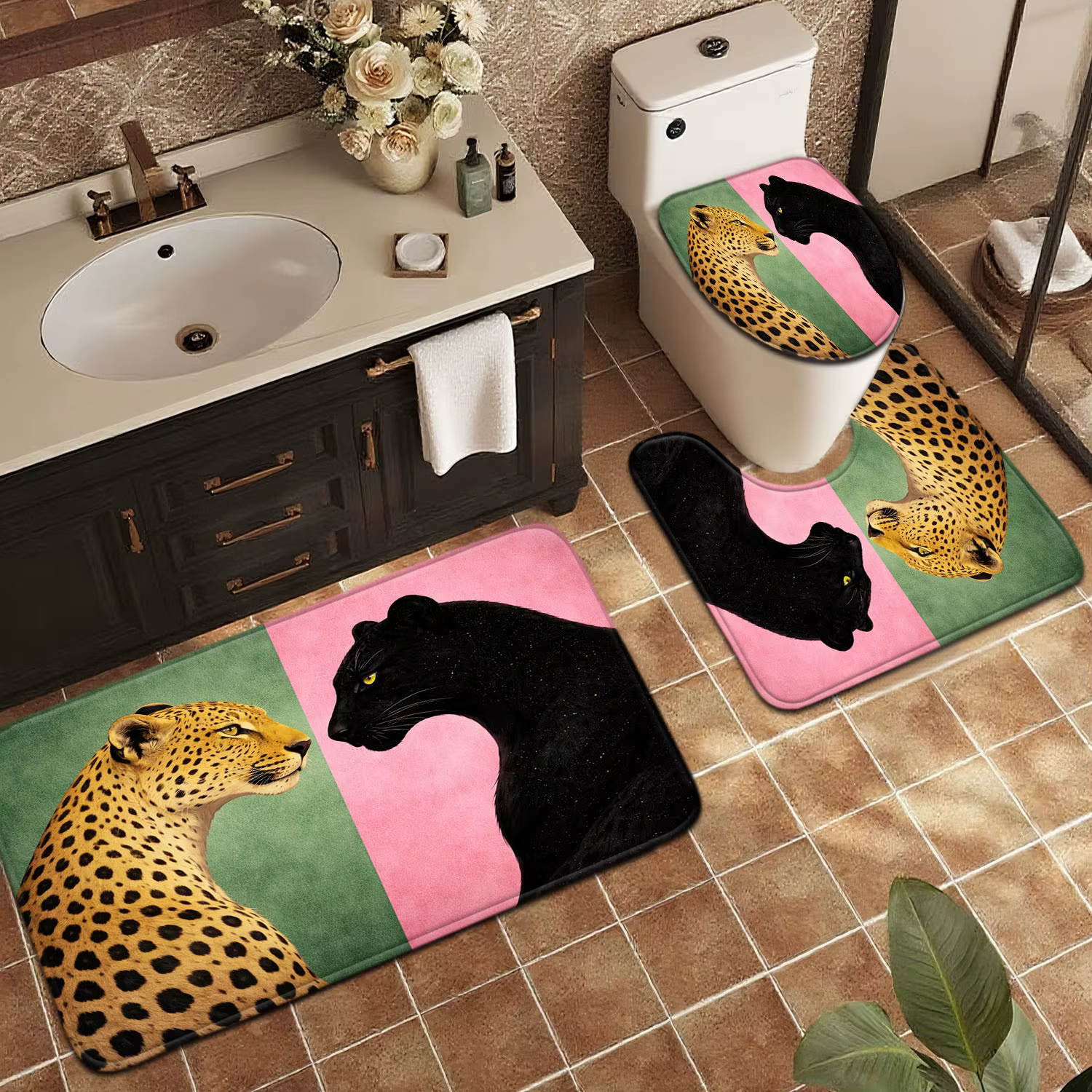 Ensemble de 3 tapis de salle de bain, motif double léopard face à face, avec blocs de couleur, pour