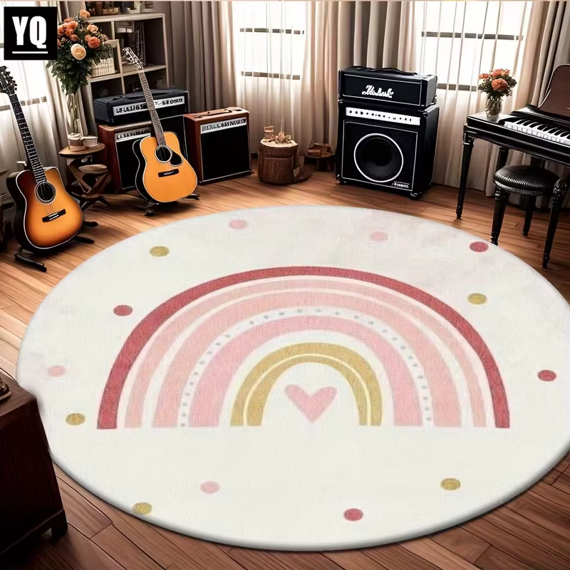 Tapis rond avec cœur arc-en-ciel aux couleurs pastel, parfait pour les chambres, les salons, les bur