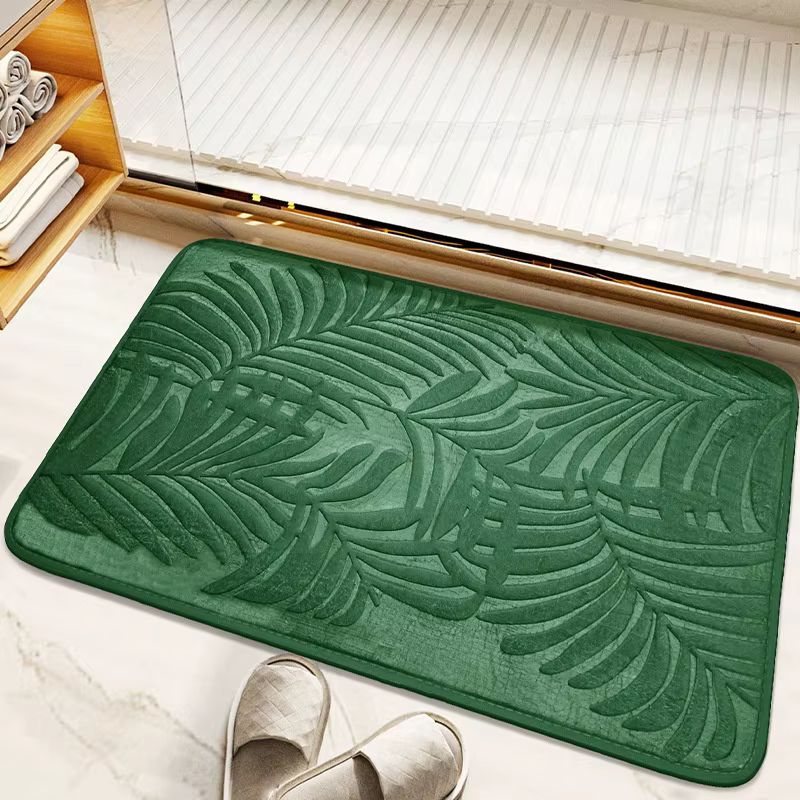 Tapis de sol antidérapant en feuille de palmier gaufrée vert foncé, ultra-absorbant, pour salle de b
