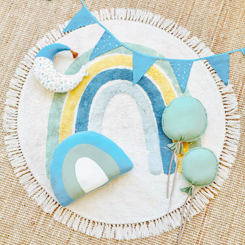 Tapis rond en polymère avec pompon pour chambre à coucher, décoration de chevet pour enfants, tapis