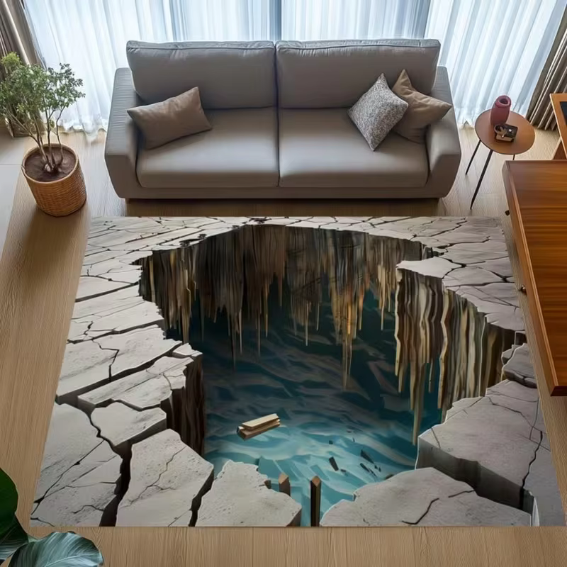 Tapis de sol 3D effet fissures pour salon ou bureau – Décoration moderne unique qui ajoute de la pro