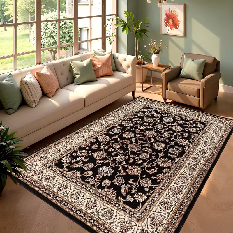 Tapis élégant noir à motifs floraux antidérapant, tapis d'art oriental traditionnel pour la décorati