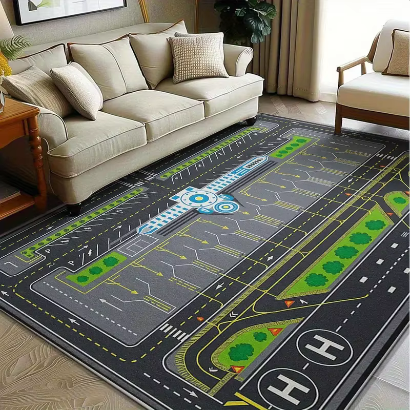 Tapis de salon à motifs abstraits de pistes d'aéroport, lavable en machine, antidérapant, doux, pour