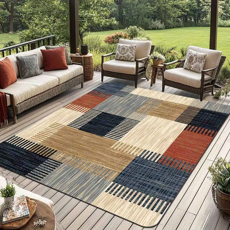 Tapis d'extérieur moderne à motifs géométriques, patchwork, multicolore, imprimé rayé, pour patio, v