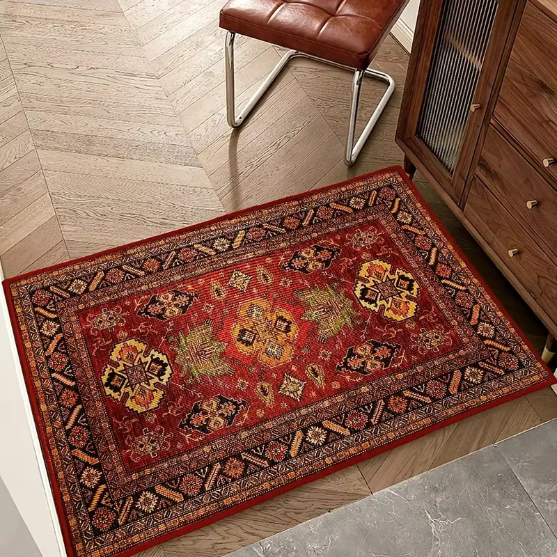 VIKAMA Tapis de sol rouge de style ethnique vintage – Tapis de porte d'entrée durable et antidérapan