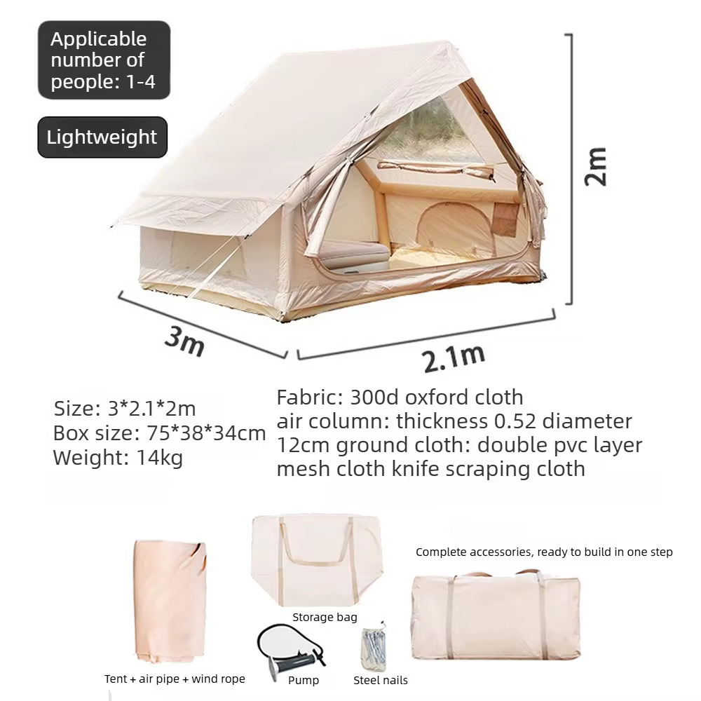 12 ㎡ Grande tente de camping gonflable pour 4 à 8 personnes avec fenêtres, portable, imperméable,