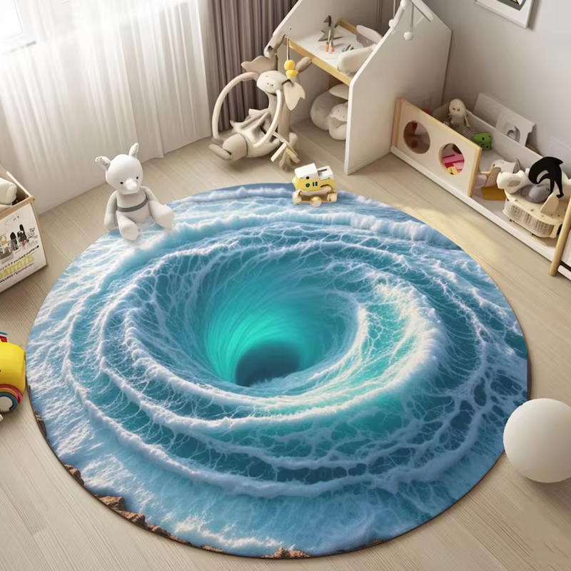 Tapis rond Vortex Ocean Wave, tapis de sol doux antidérapant, illusion optique, motif tourbillon ble