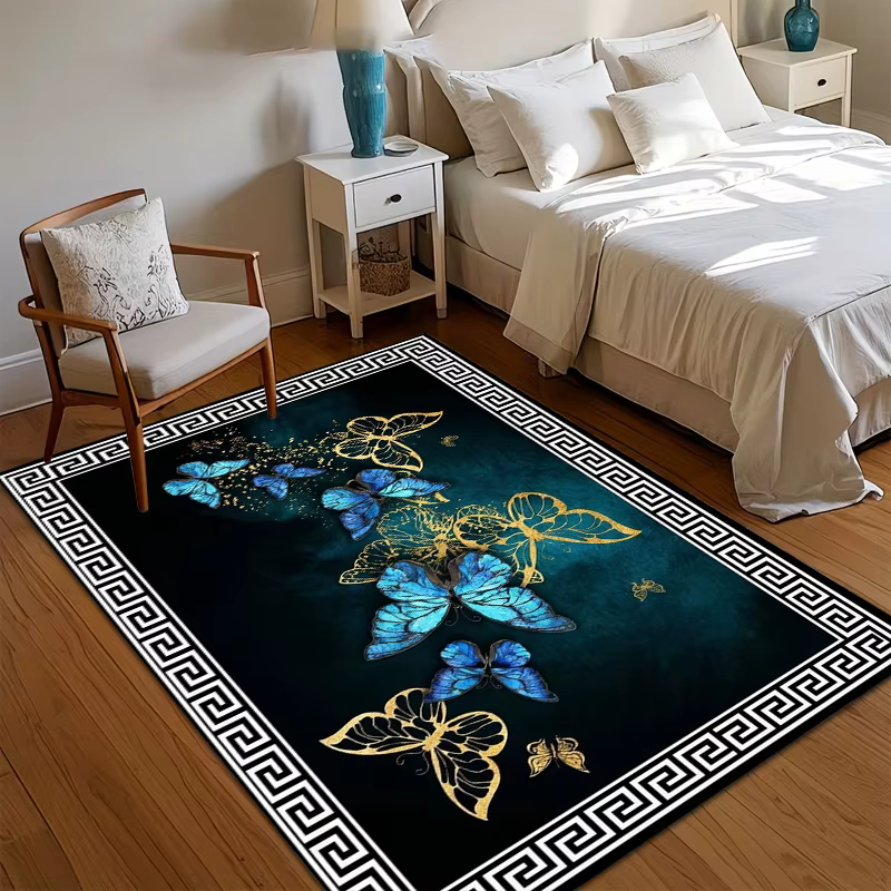 Tapis de salon bleu sarcelle et doré à motifs papillon grecs, tapis de chambre doux avec motifs papi