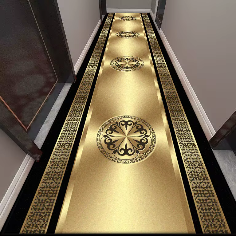 Tapis de couloir Long doré, décoration européenne de luxe, antidérapant, facile à nettoyer, tapis de