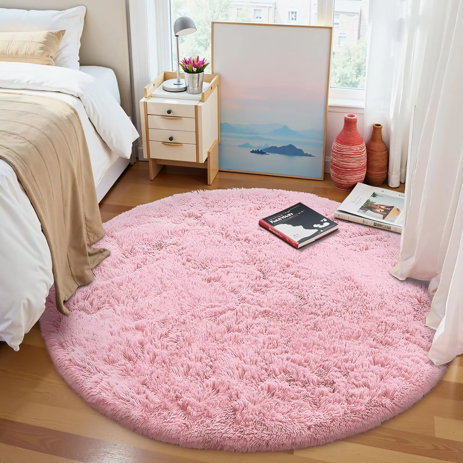 Tapis rond rose VIKAMA, doux et moelleux, pour salon, chambre à coucher, chambre d'enfant, dortoir e