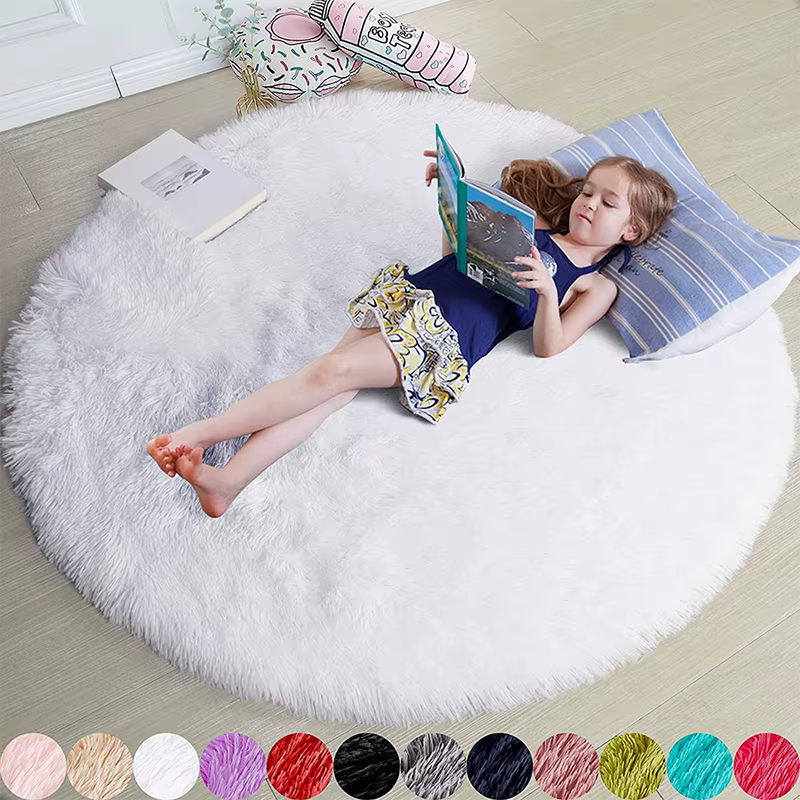 Tapis ronds moelleux pour chambre de filles, tapis blanc doux et Shaggy dans le salon, tapis de chev
