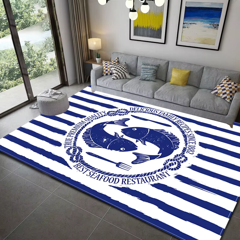 Injecteur de zone de phare d'océan à rayures bleues foncées, tapis de bateau, polymère de sol, tapis