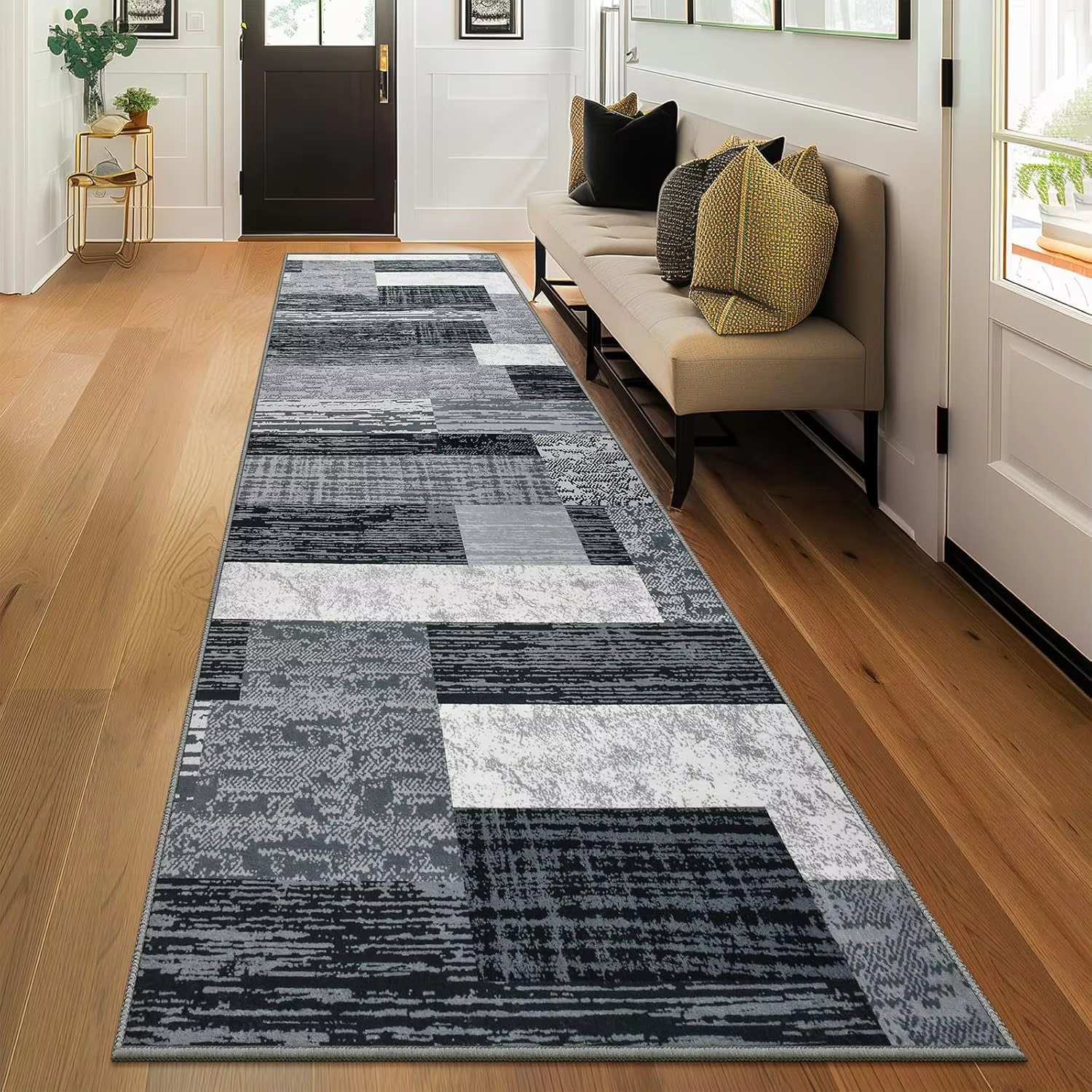 Tapis de couloir gris minimaliste nordique antidérapant, tapis de sol texturé à motifs géométriques