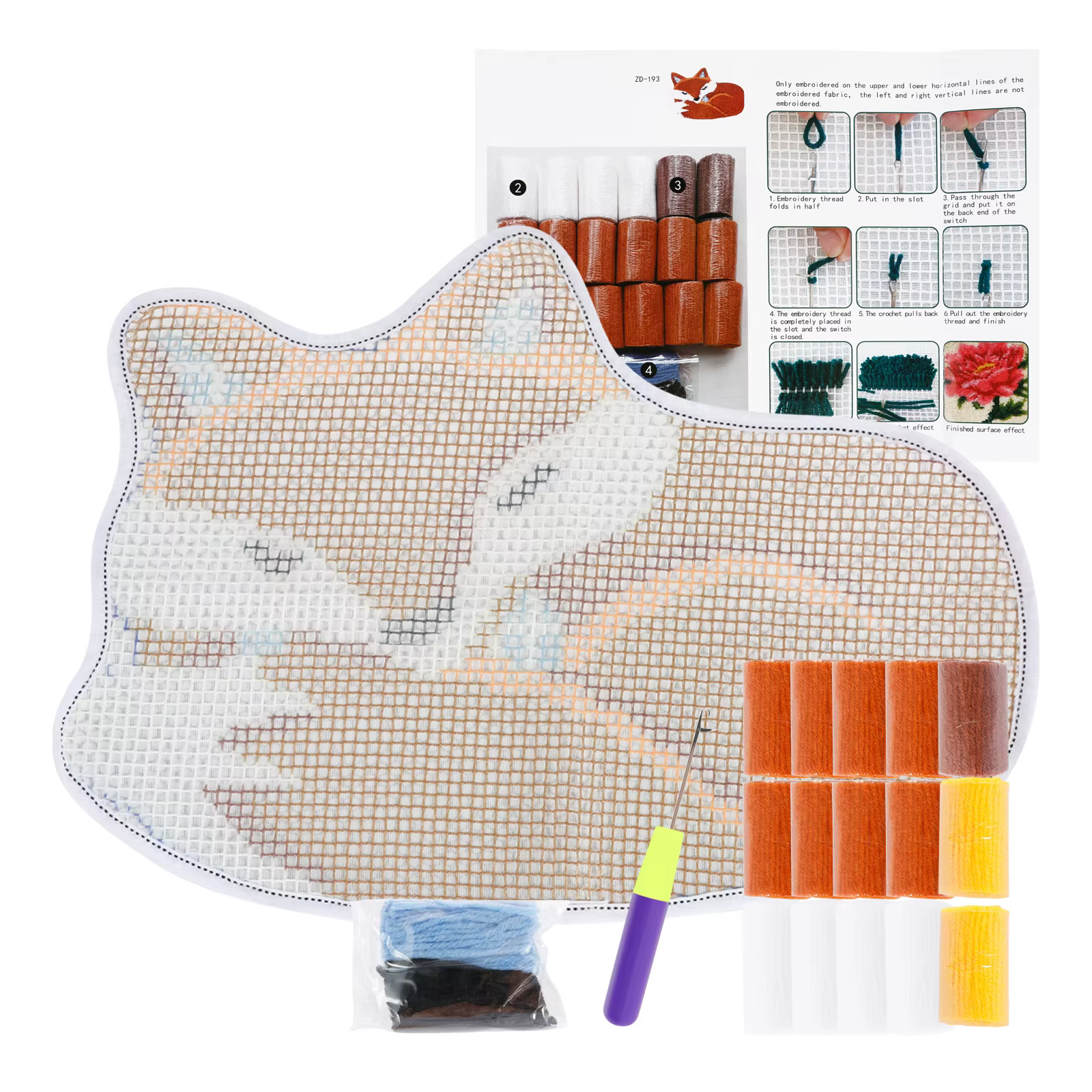 Kit de tapis crocheté au crochet (Latch Hook) DIY, motif renard, pratique pour les enfants, les adul
