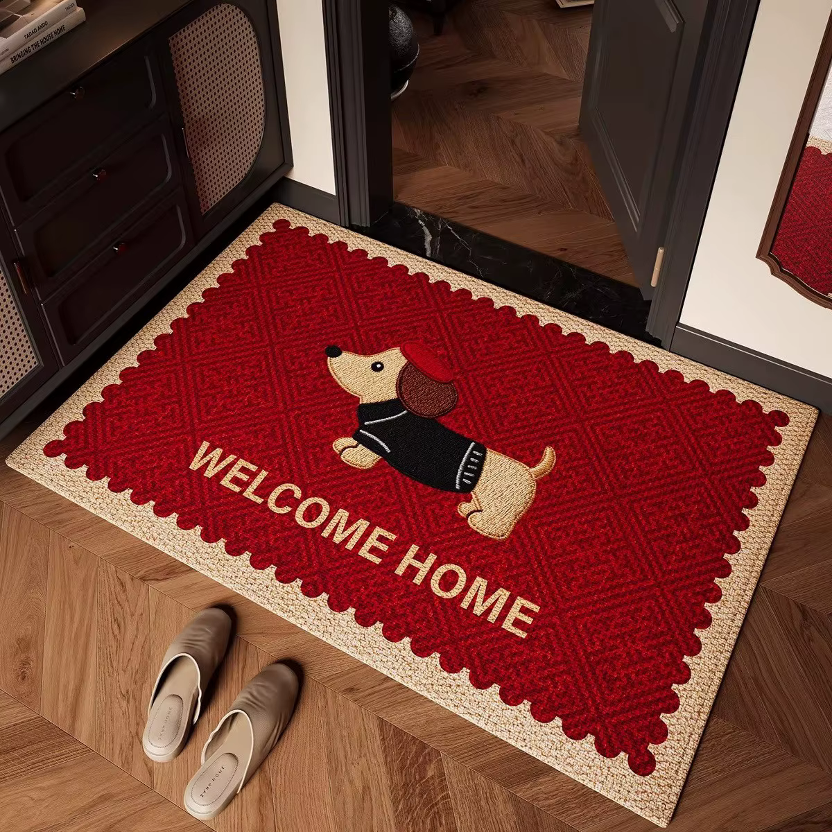 Tapis de bienvenue pour la maison, décoration d'intérieur, motif de chien teckel, rouge beige, style