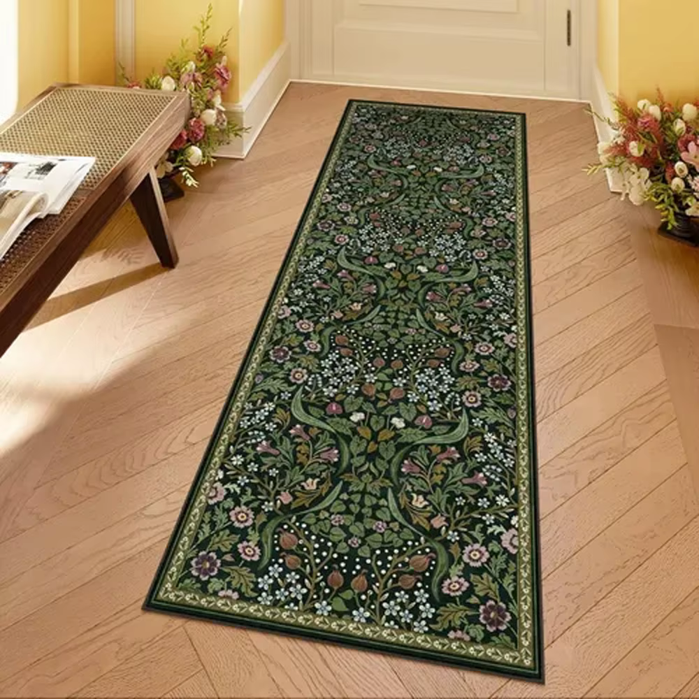 Tapis de couloir botanique vert foncé, style vintage, antidérapant, lavable, pour couloir, salon, ch