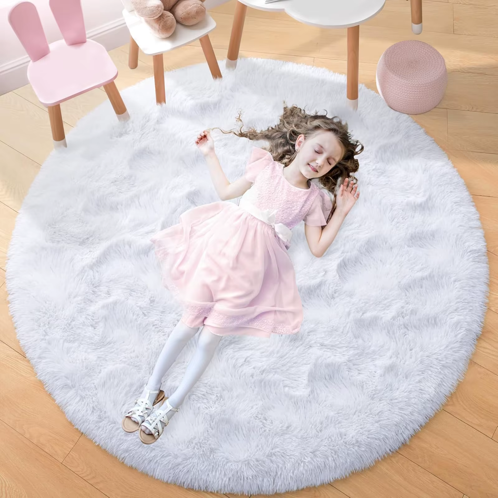 Tapis rond moelleux noir pour chambre à coucher, tapis de chambre d'enfants, Shaggy, salon, canapé,