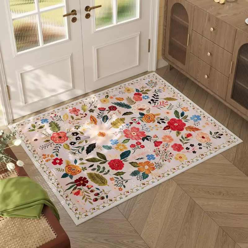 Tapis Bohème Coloré à Motifs Floraux Grand Format Antidérapant pour Salon et Chambre à Coucher