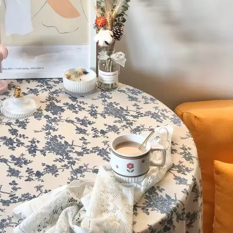 Nappe en coton et lin à fleurs, couverture de Table ronde lavable et rustique pastorale pour décorat