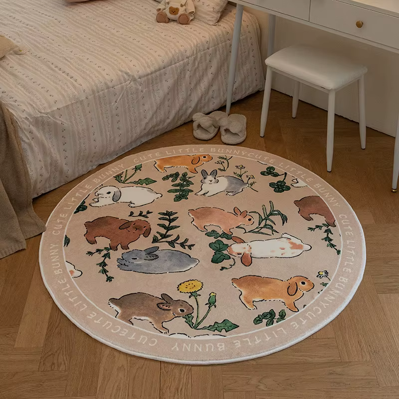 Tapis de salon imprimé lapins de dessin animé, moelleux, grande surface, rond, pour chambre d'enfant