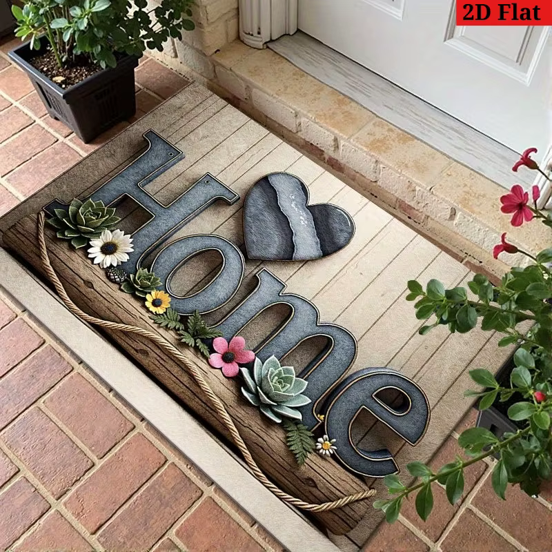 Paillasson rustique « Home » – Style bois avec cœur et fleurs pour entrée intérieure/extérieure et d