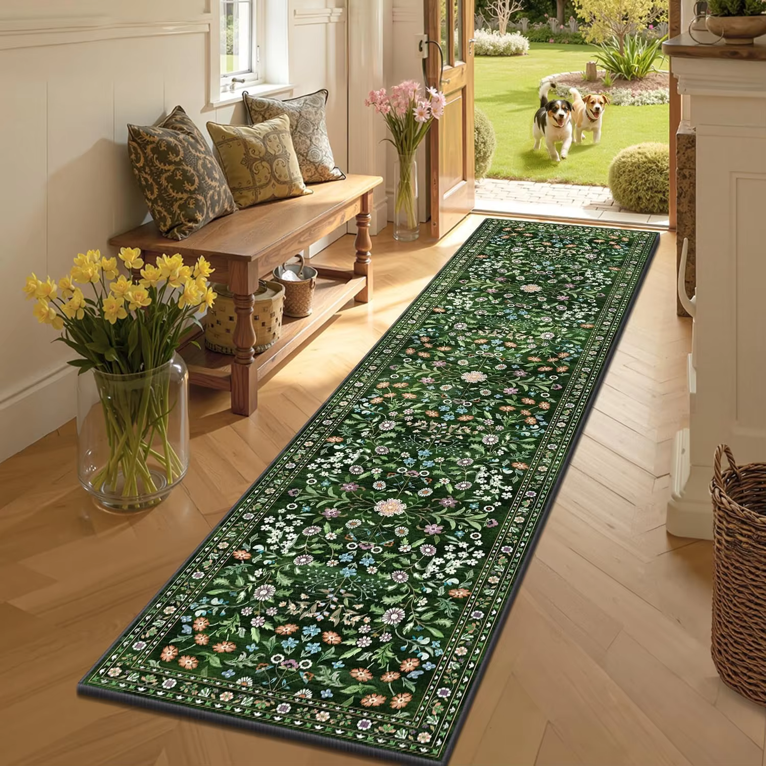 Tapis de couloir vintage vert à motif floral, imprimé fleurs sauvages, antidérapant, tapis de bienve