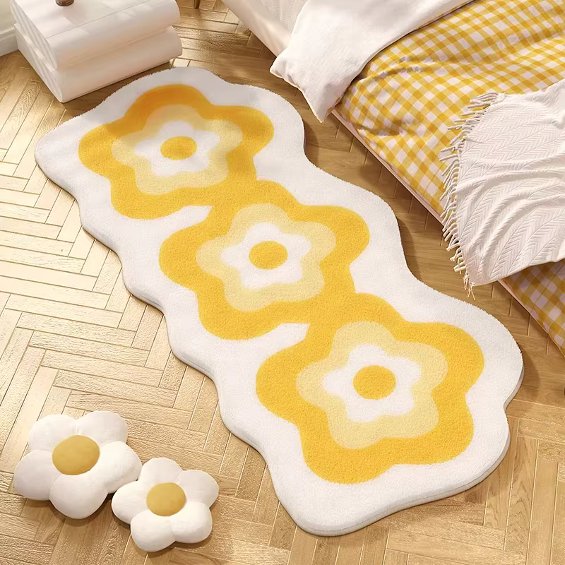 Tapis de chevet jaune à fleurs pour chambre à coucher, tapis doux et moelleux en fausse fourrure de