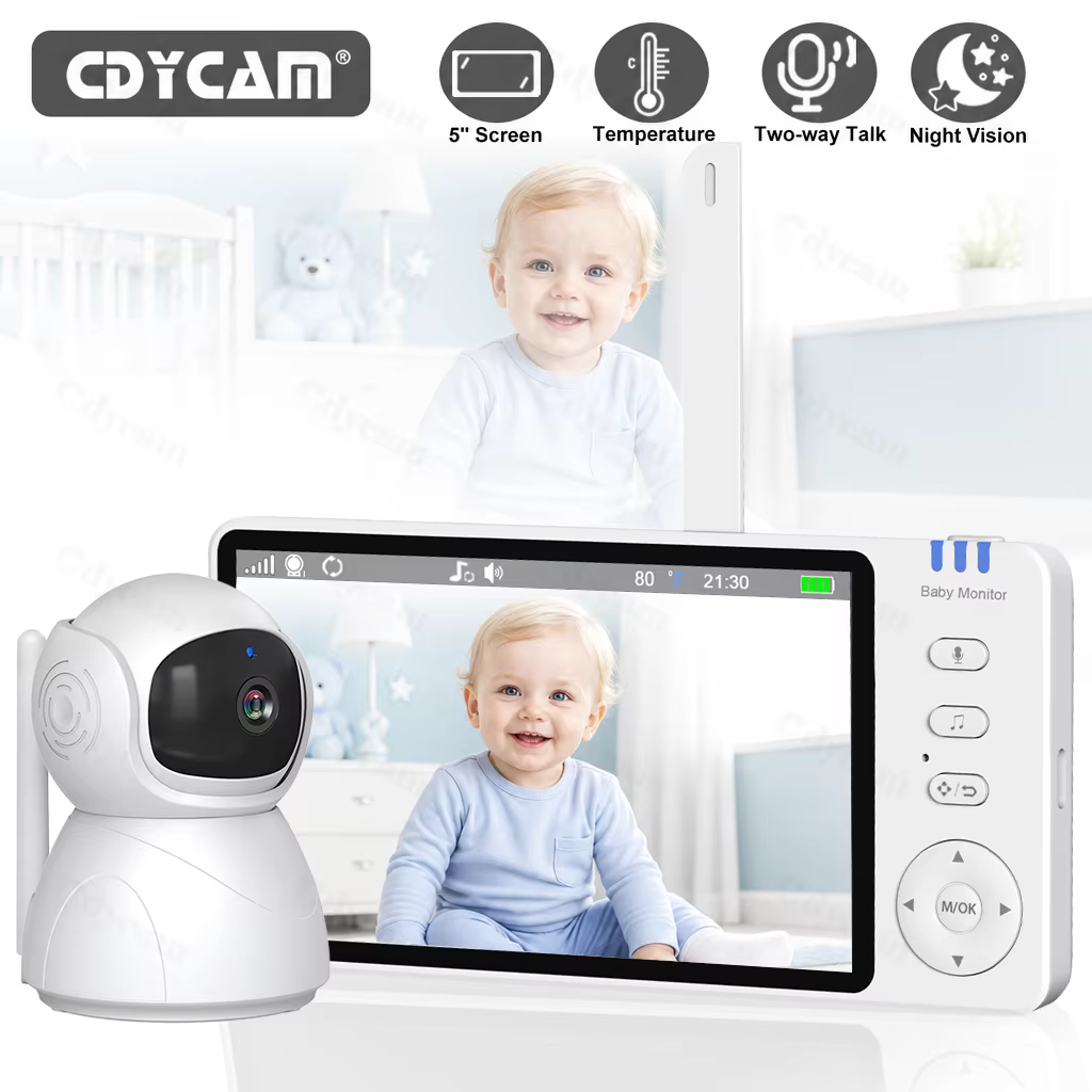 Moniteur bébé 5,0'' avec caméra inclinable et orientable, zoom 4x, audio bidirectionnel, vision noct