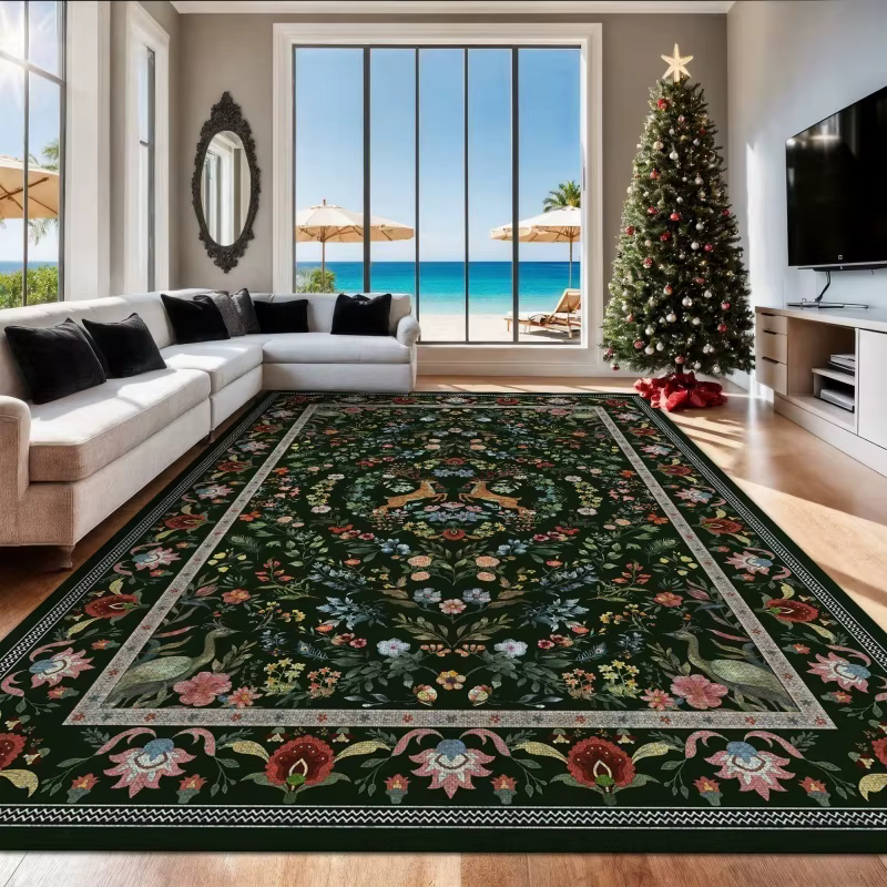 Tapis en feutre grand format vert foncé vintage, motif cerf, oiseau et fleurs sauvages, antidérapant
