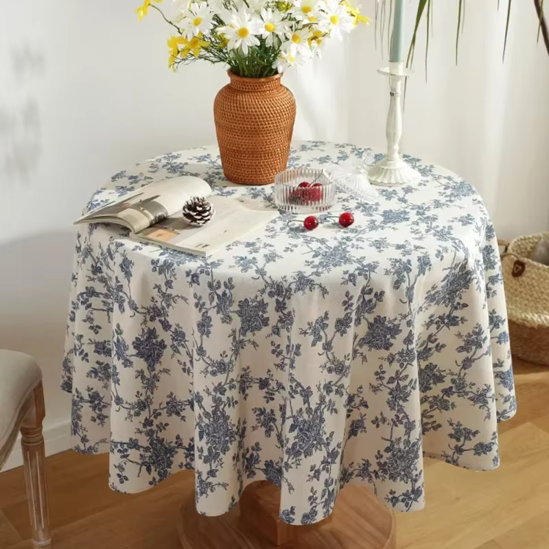 Nappe en coton et lin à fleurs, couverture de Table ronde lavable et rustique pastorale pour décorat