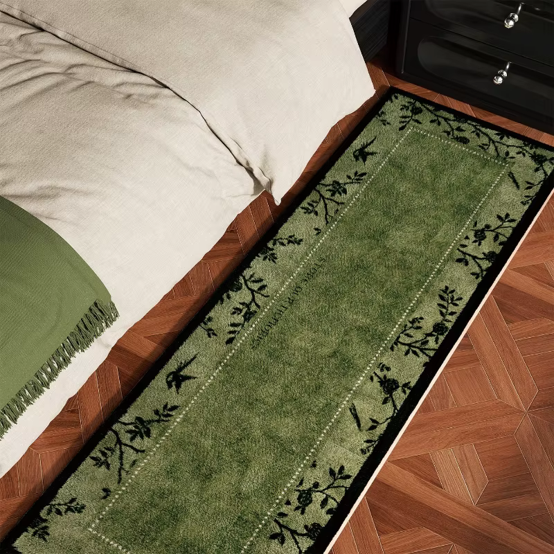 Tapis de chambre doux et moelleux, confortable, motif floral vert, long tapis de chevet, style vinta