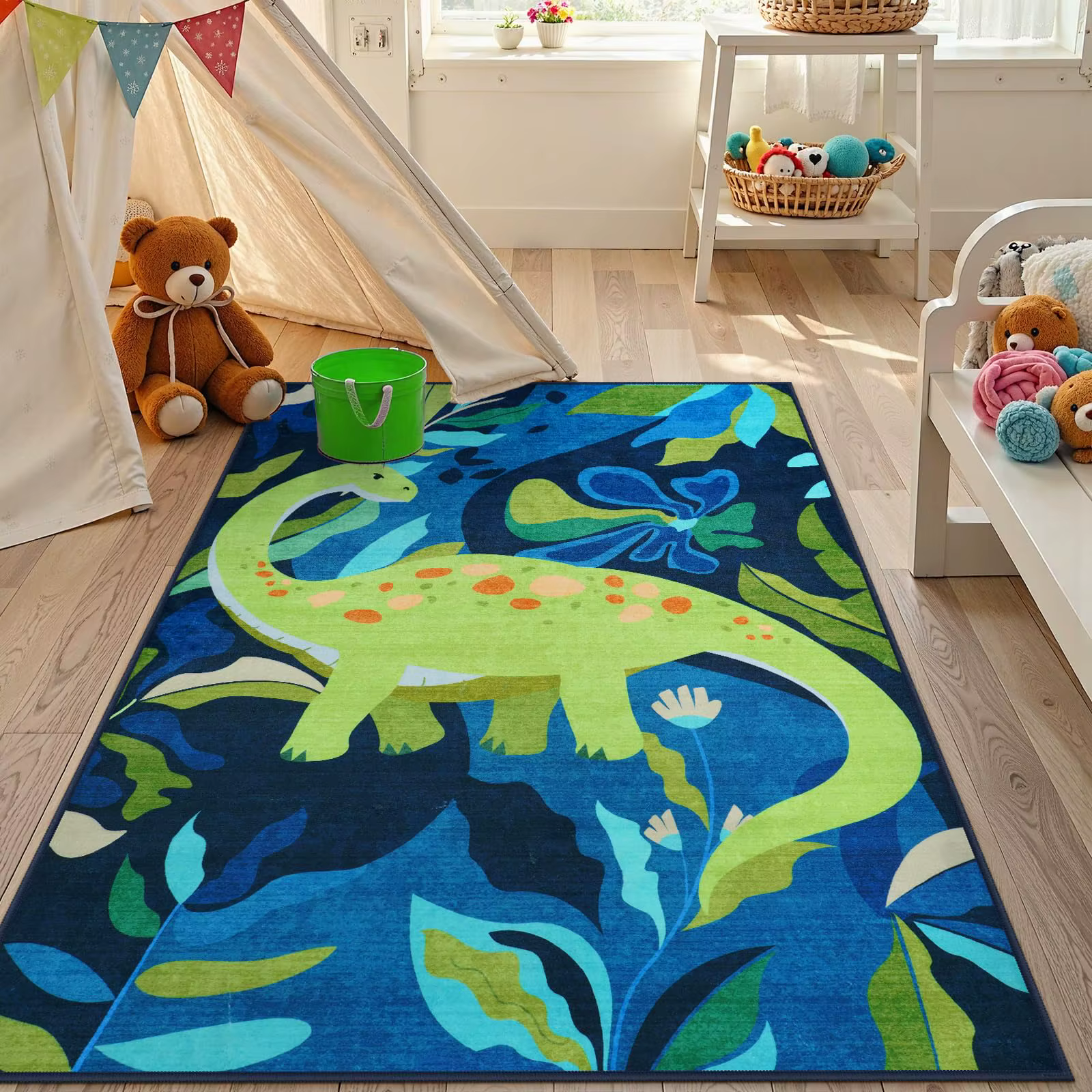 Tapis imprimé licorne à fleurs roses, motif de feuilles pastel doux, tapis antidérapant lavable pour