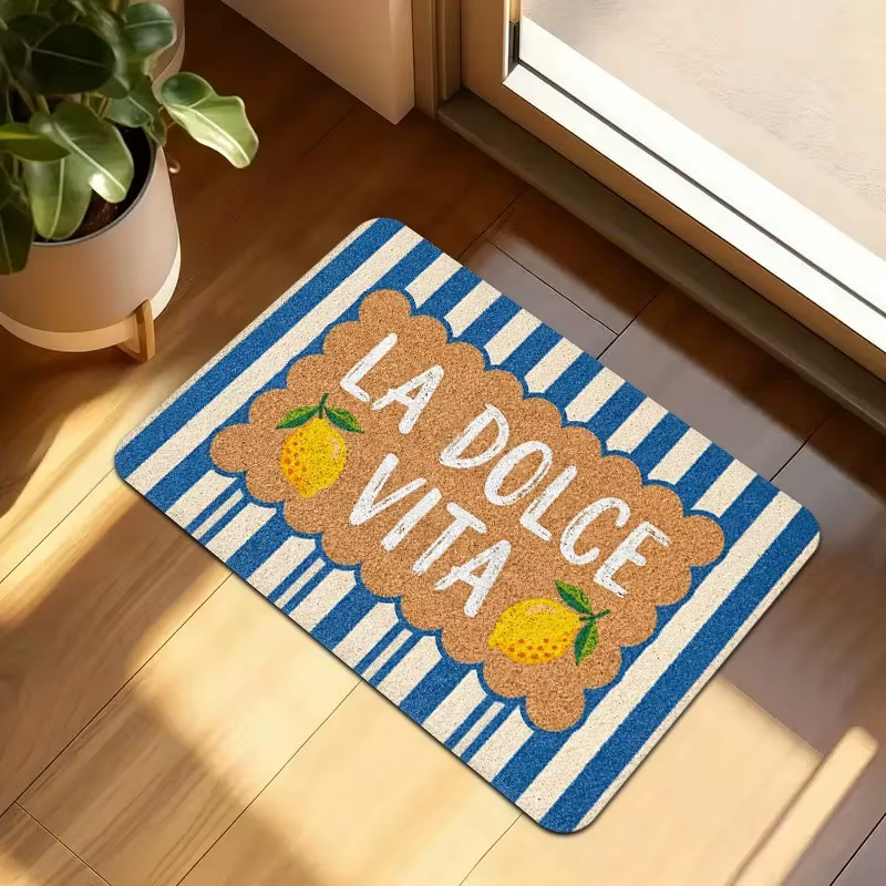 Tapis d'entrée italien La Dolce Vita, motif citron méditerranéen, bleu et blanc rayé, tapis de bienv
