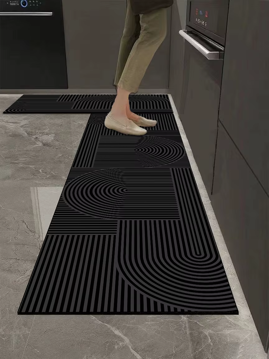 Nouveaux tapis de cuisine et de salle de bain modernes avec base noire et motifs géométriques, antid