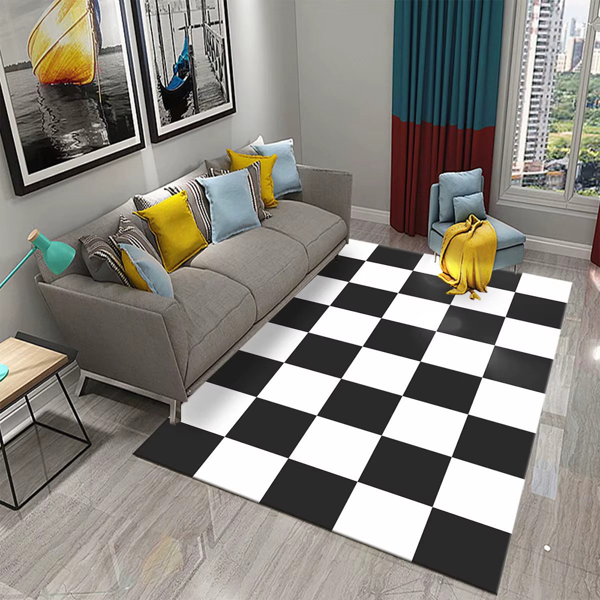 Tapis à carreaux en damier noir et blanc, style marocain, salon, chambre à coucher, lea moderne, géo
