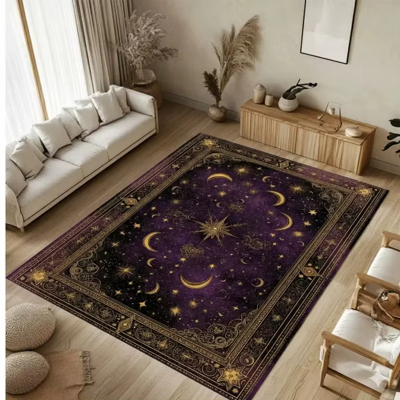 Tapis bohème violet Royal lune et étoiles, Design cosmique mystique avec motifs célestes dorés, pour