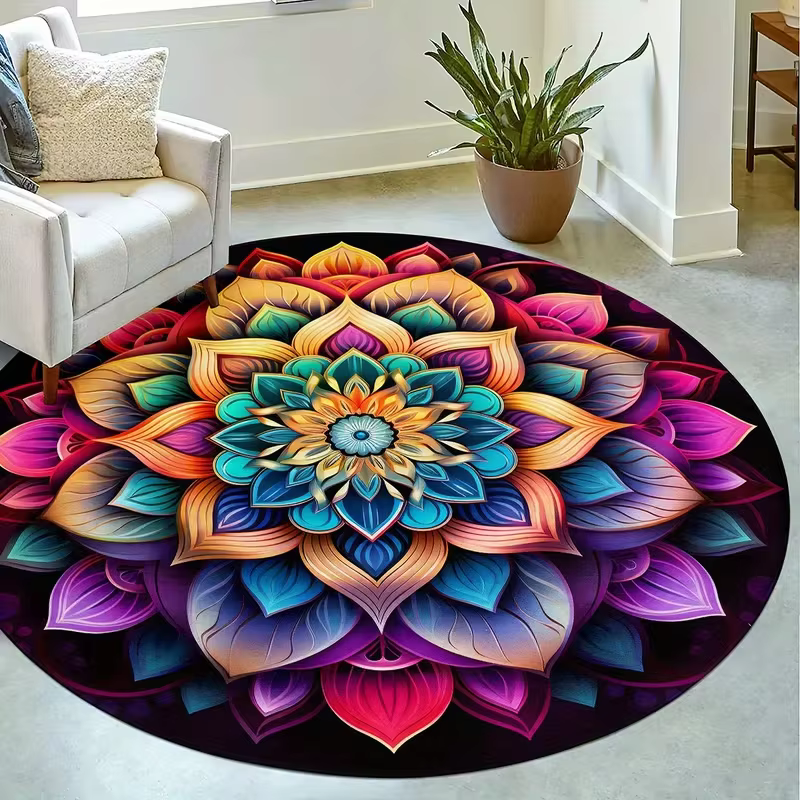 Tapis rond à motifs bohèmes, adapté à la décoration intérieure dans les salons, les salles de bain, 