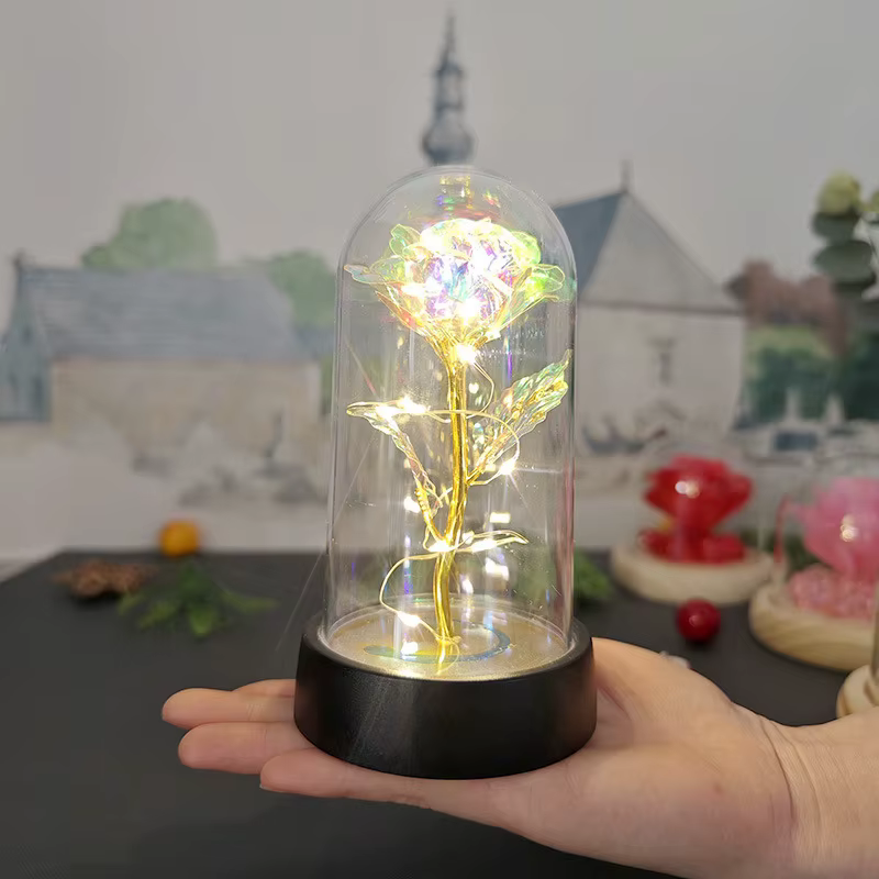 Fleur artificielle en verre avec lumière LED pour femme, la belle et la bête, la galAct et la rose, 