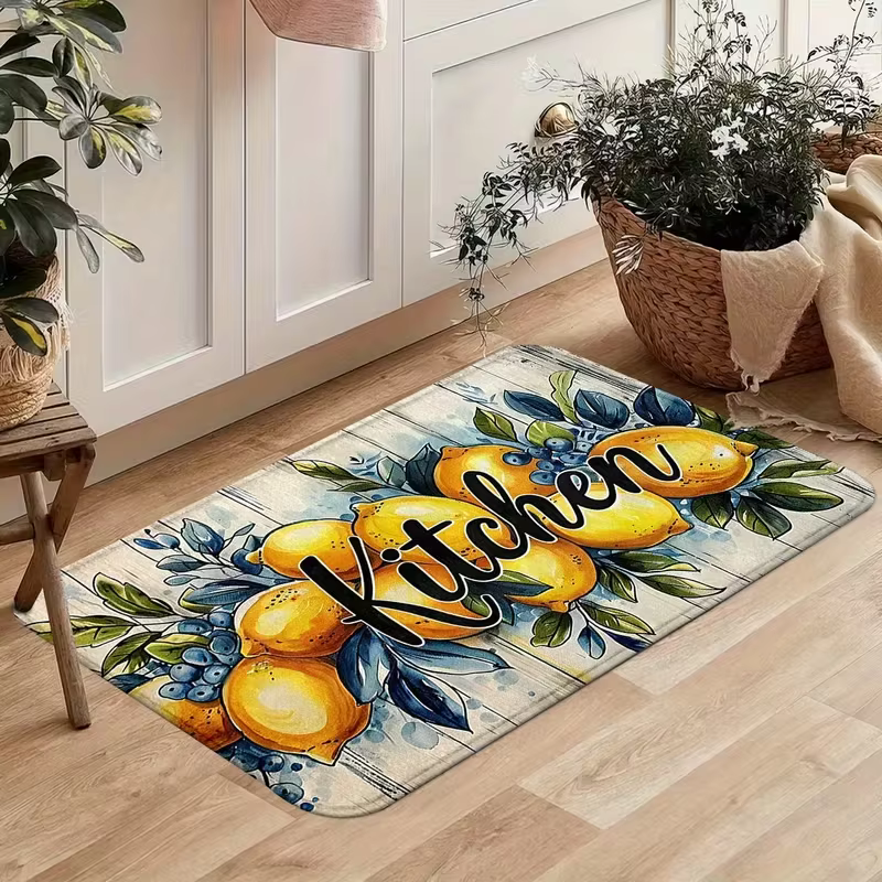 Tapis de cuisine antidérapant au motif citron méditerranéen, jaune, bleu, fleurs, lavable, décoratif
