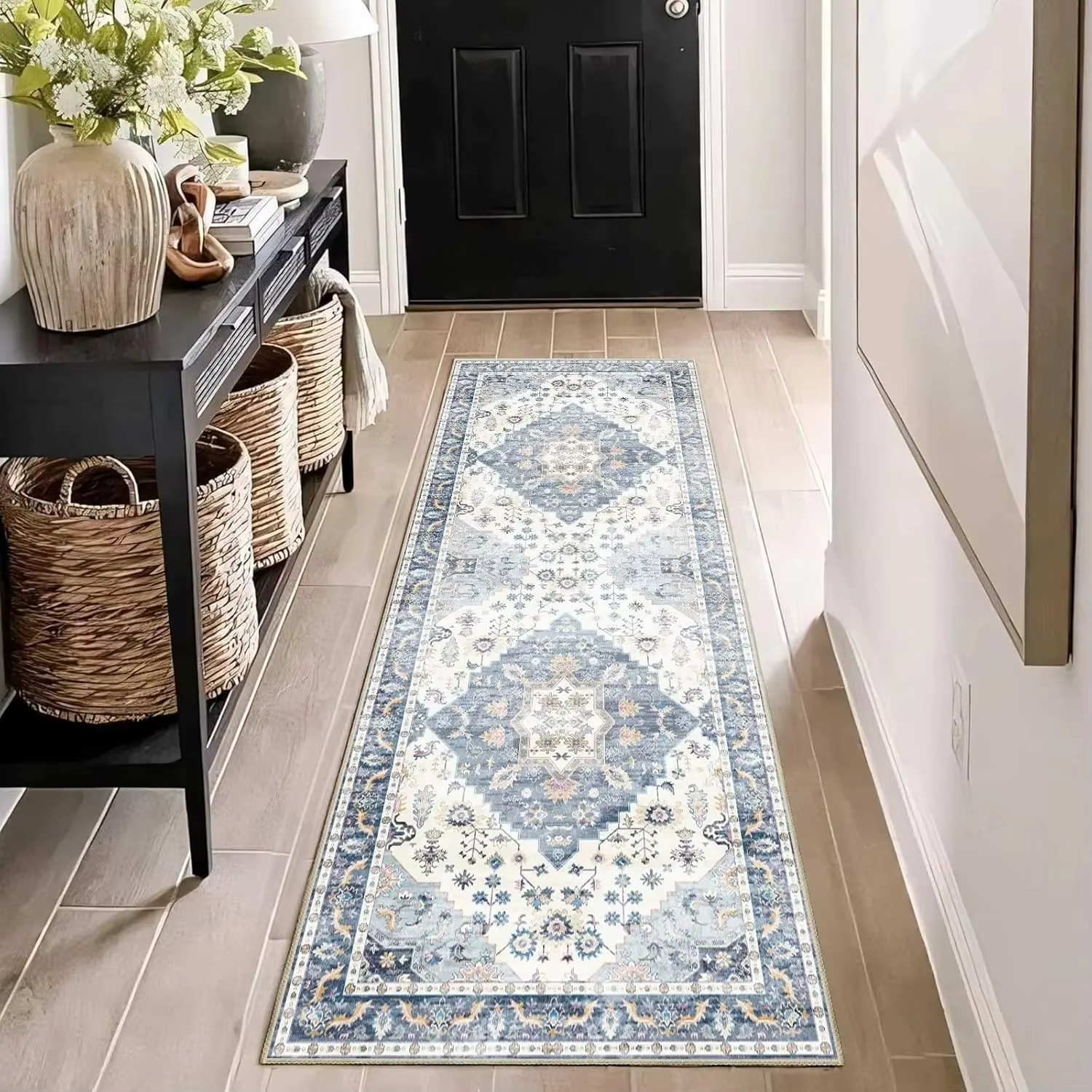 VIKAMA Tapis bohème vintage - Tapis d'entrée de chambre résistant aux taches et antidérapant Tapis d