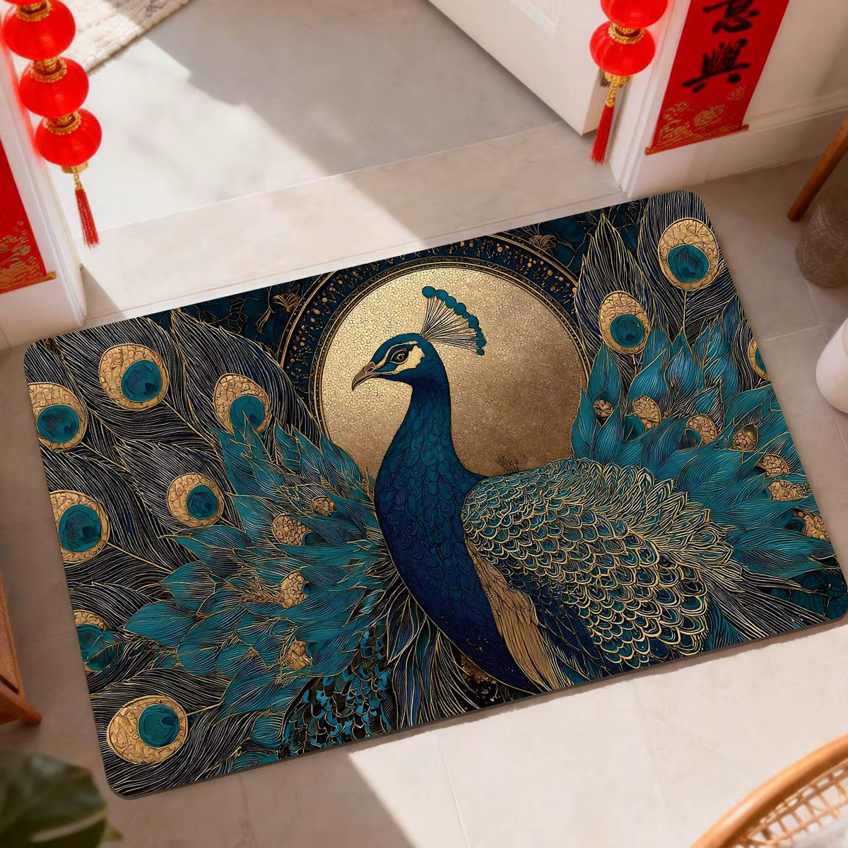 Tapis de porte luxueux motif paon bleu et or vintage, imprimé plumes de paon, pour entrée de style o