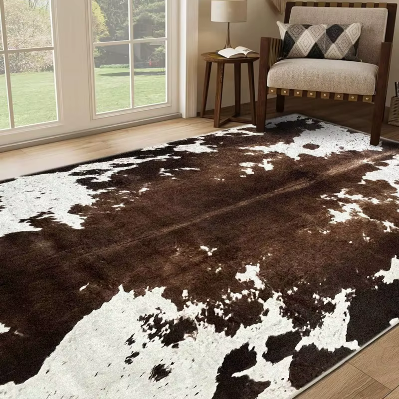 Tapis de style western imprimé peau de vache, marron et blanc, motif peau de vache, antidérapant, ta