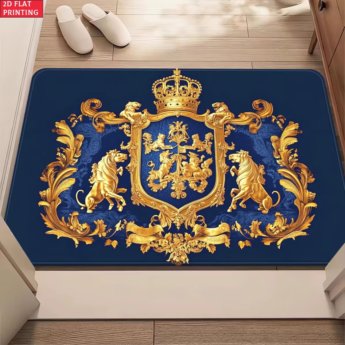 Tapis Royal Crest en velours flanelle imprimé, design luxueux, tapis décoratif pour entrée et décora