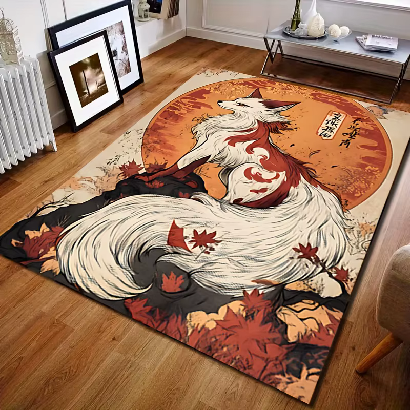 Tapis en velours et flanelle imprimé Fox Spirit, tapis décoratif au design mythique, décoration de s