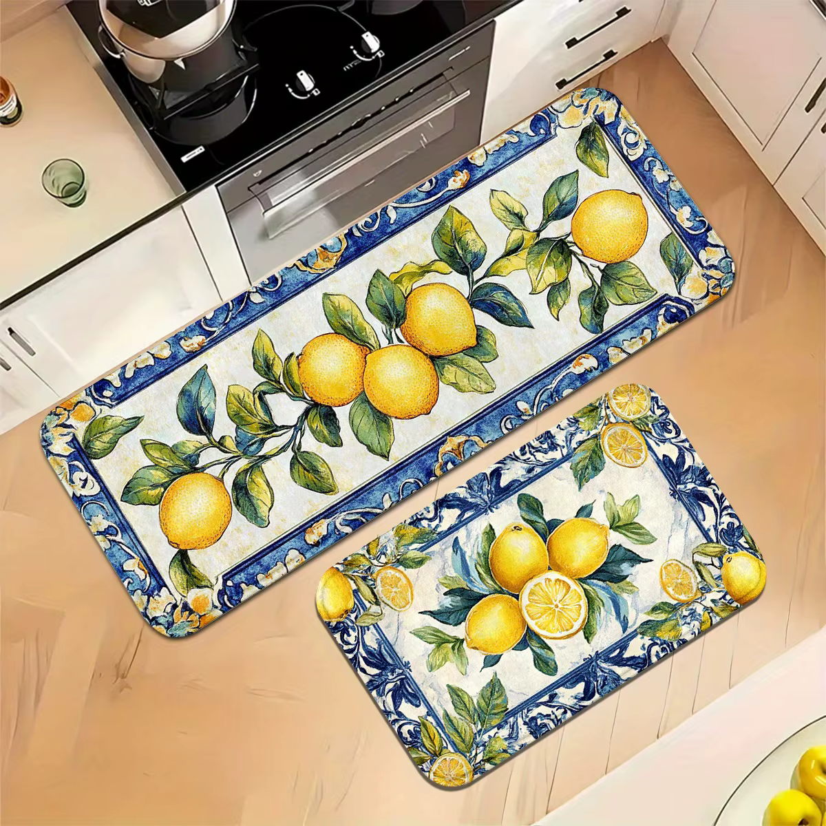 Ensemble de tapis de cuisine VIKAMA Mediterranean French Lemon, antidérapant, résistant à l'huile, a