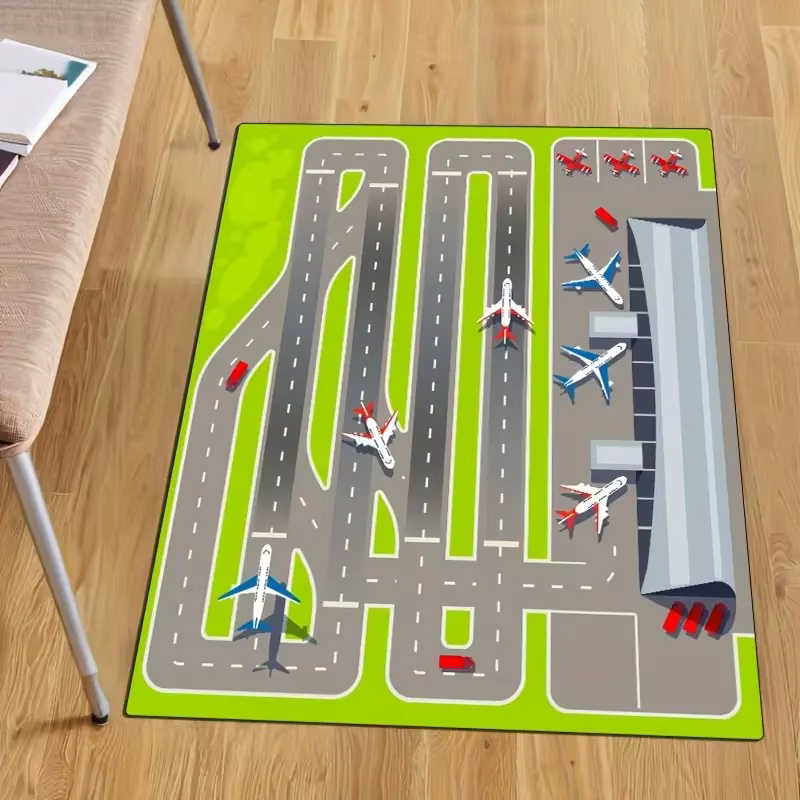 Tapis vert sur le thème de l'aéroport avec tapis design d'avion et de piste pour salon, extérieur, c
