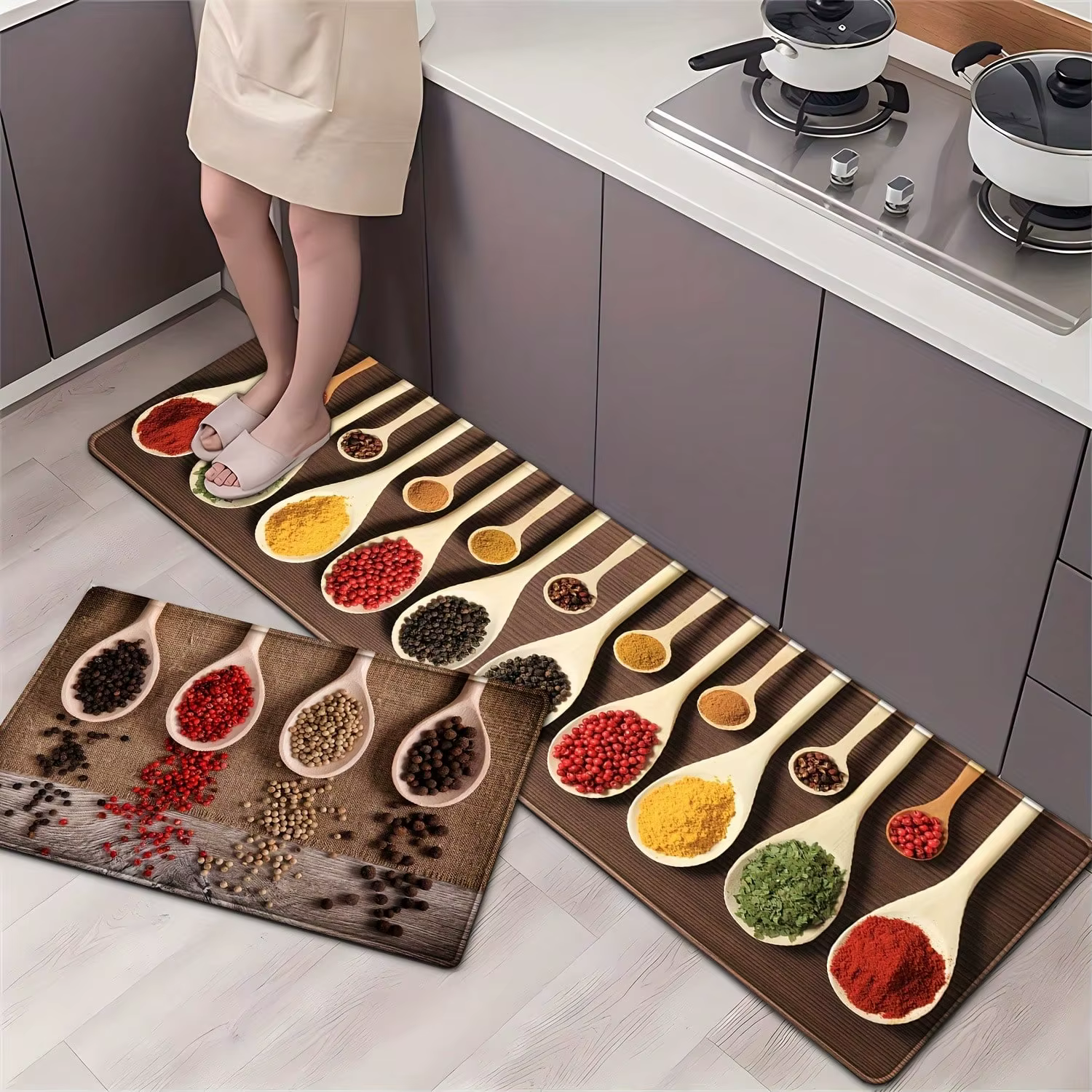 Tapis de cuisine, ustensiles, cuillère et épices, Design avec citation «BON APPETIT» pour salle à ma