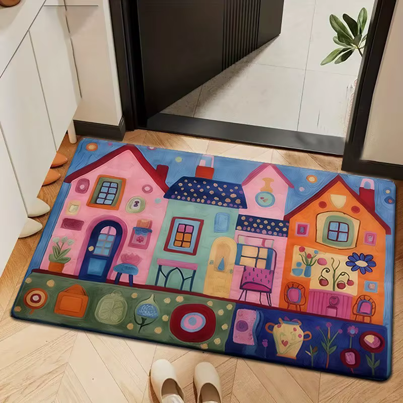 Paillasson d'entrée intérieur antidérapant à motif de maison de village colorée de style art populai