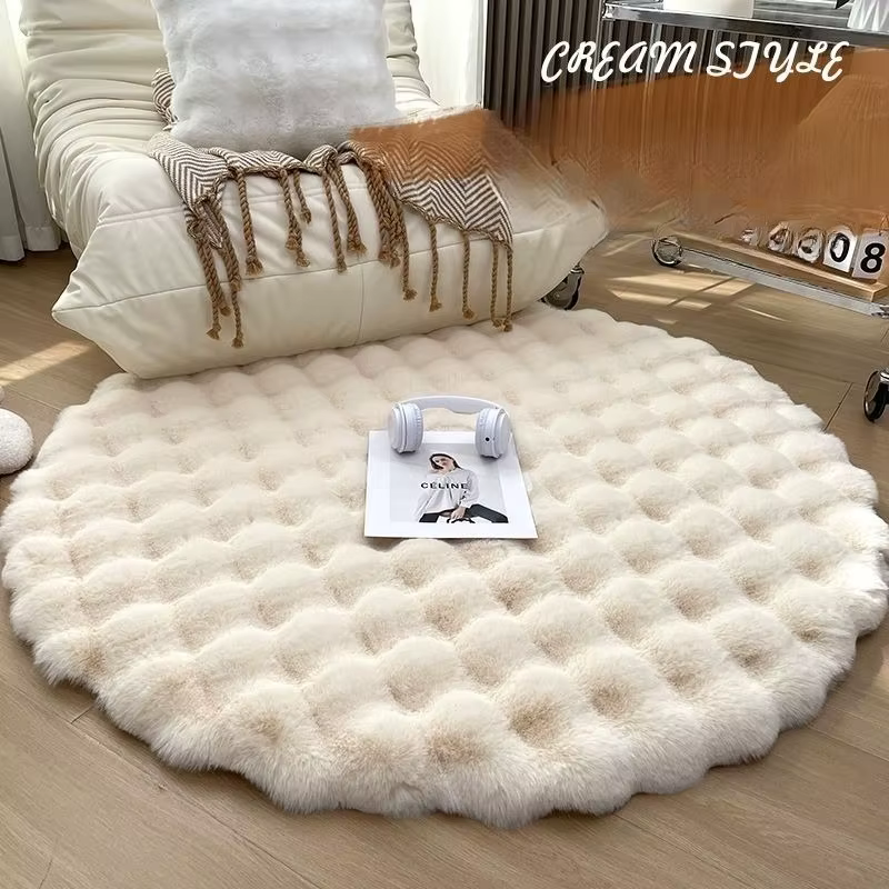Tapis rond en peluche beige crème, canapé individuel, tapis ronds, bulles, salon, table basse, banc 