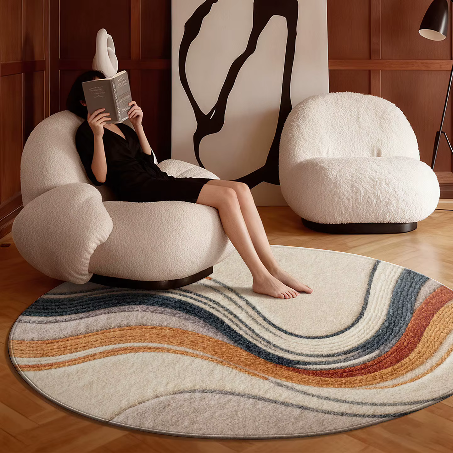 Tapis de style moderne pour chambre à coucher, décoration de salon de luxe léger, tapis rond moelleu